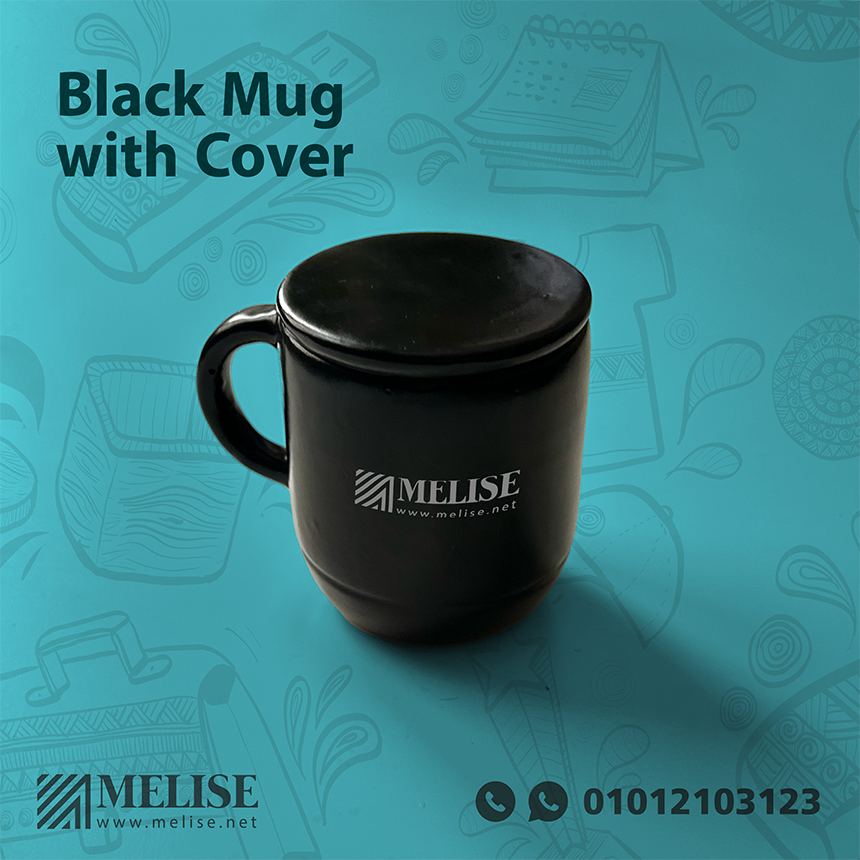 Image of Black Mug with Cover by Melise Giveaways Egypt. A Modern black mug perfect for everyday use, complete with a close-fitting black cover Designed to keep drinks hot or cold - Engraved Logo. Customizable with Engraved Logo. An eco-friendly and sustainable choice. Ideal for corporate gifts, promotional giveaways, and branding in Egypt.