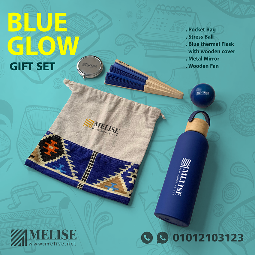 Melise eco-style VIP gift set with metal mirror, thermal flask, canvas bag, stress ball, and wooden fan featuring custom logo printing