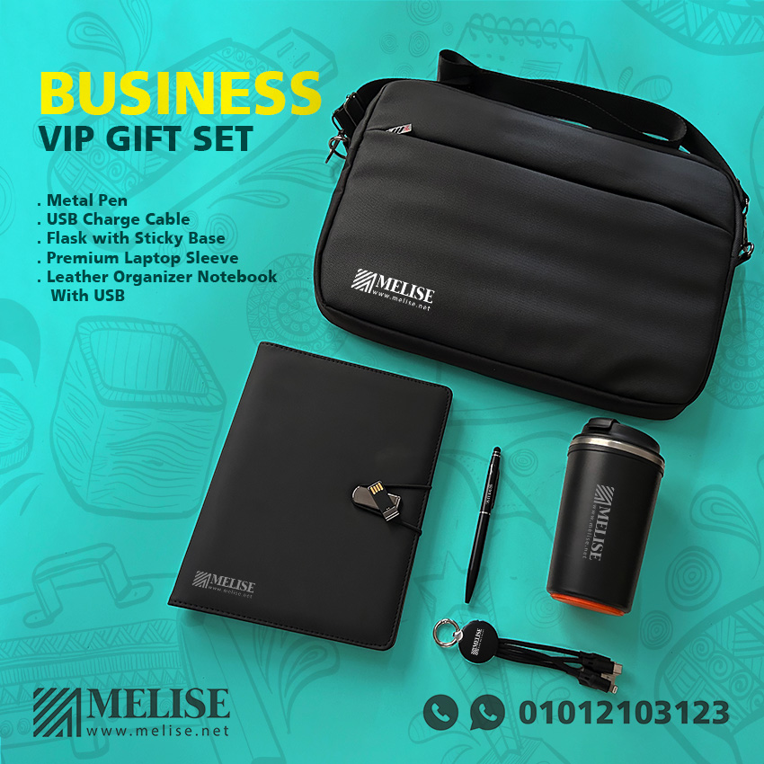 Melise VIP Gift Set with metal pen, stylus, USB charger cable, thermal flask, laptop sleeve, and leather organizer notebook