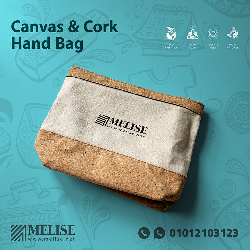Image of Canvas & Cork Hand Bag by Melise Giveaways Egypt. Mini Pouch made of the mixture two materials Cork and Canvas with zipper Size 22*24 cm - Printed Logo Customizable with Printed Logo. An eco-friendly and sustainable choice. Ideal for corporate gifts, promotional giveaways, and branding in Egypt.