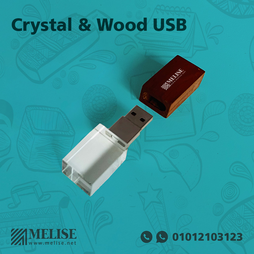 Crystal & Wood USB by Melise Giveaways Egypt, elegant design, customizable with engraved logo, combines natural and modern materials, ideal for premium corporate gifts, photography, or luxury tech promotions in Egypt.