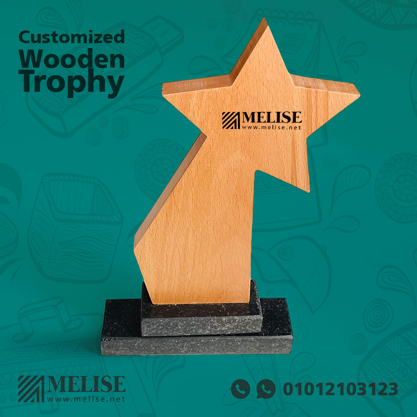 Customized Wooden Trophy by Melise Giveaways Egypt, crafted from natural wood and stones, with a printed design, ideal for corporate awards, recognition, and sustainable gifts in Egypt.