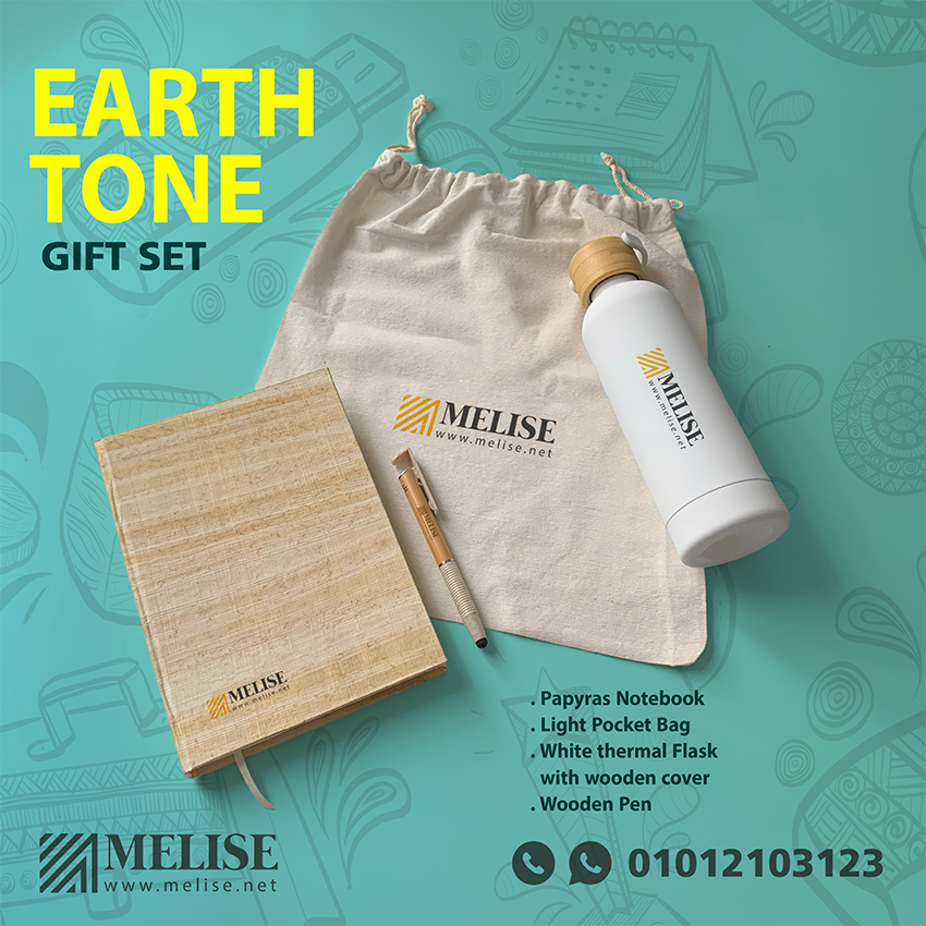 Melise eco-friendly VIP gift set with papyrus notebook, wooden pen, and bamboo-style thermal flask in cotton pouch