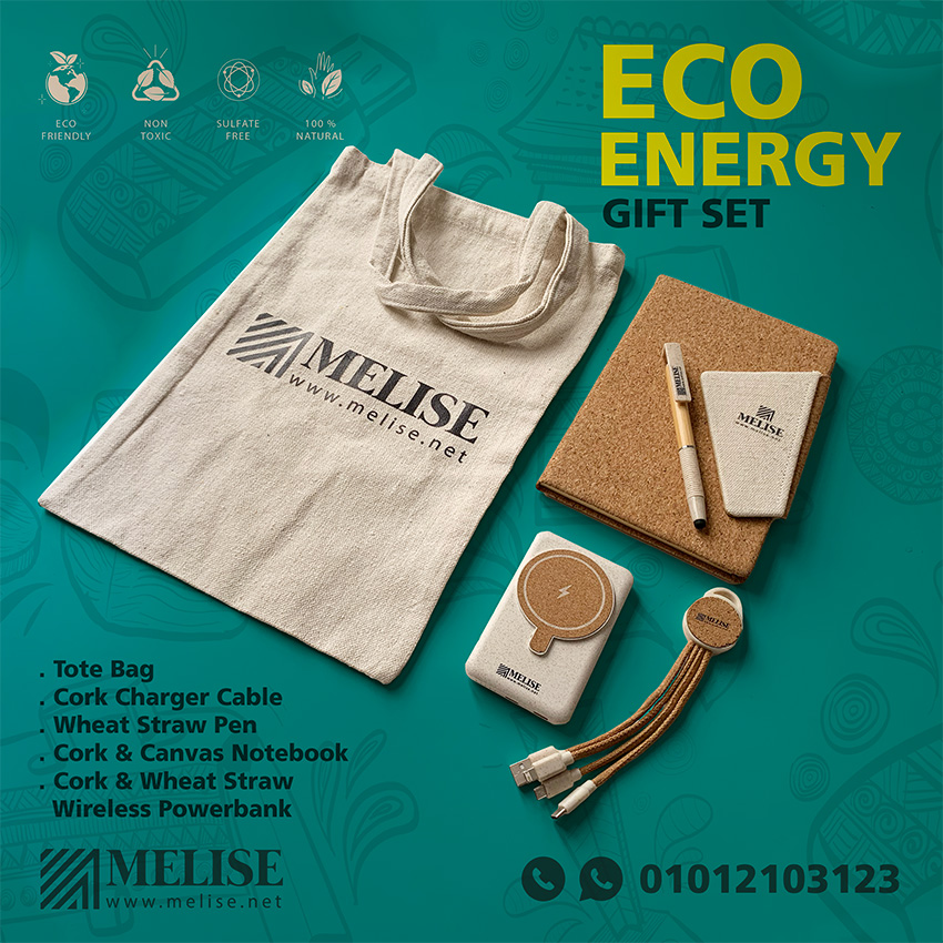 Melise eco-friendly VIP gift set with cork tote bag, bamboo notebook, wheat straw pen, wireless powerbank, and charger cable