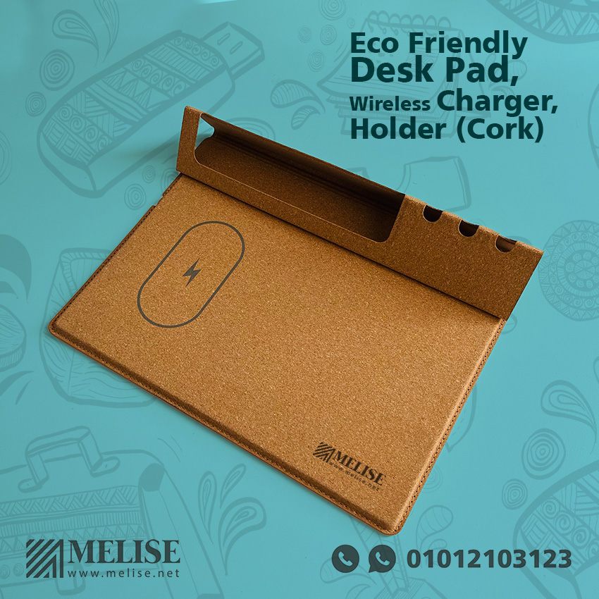 Eco Friendly Cork Desk Pad by Melise Giveaways Egypt, with wireless charger, pen & paper holder, customizable with one-color print, ideal for sustainable offices, tech-savvy promotions, or premium eco-conscious gifts in Egypt.