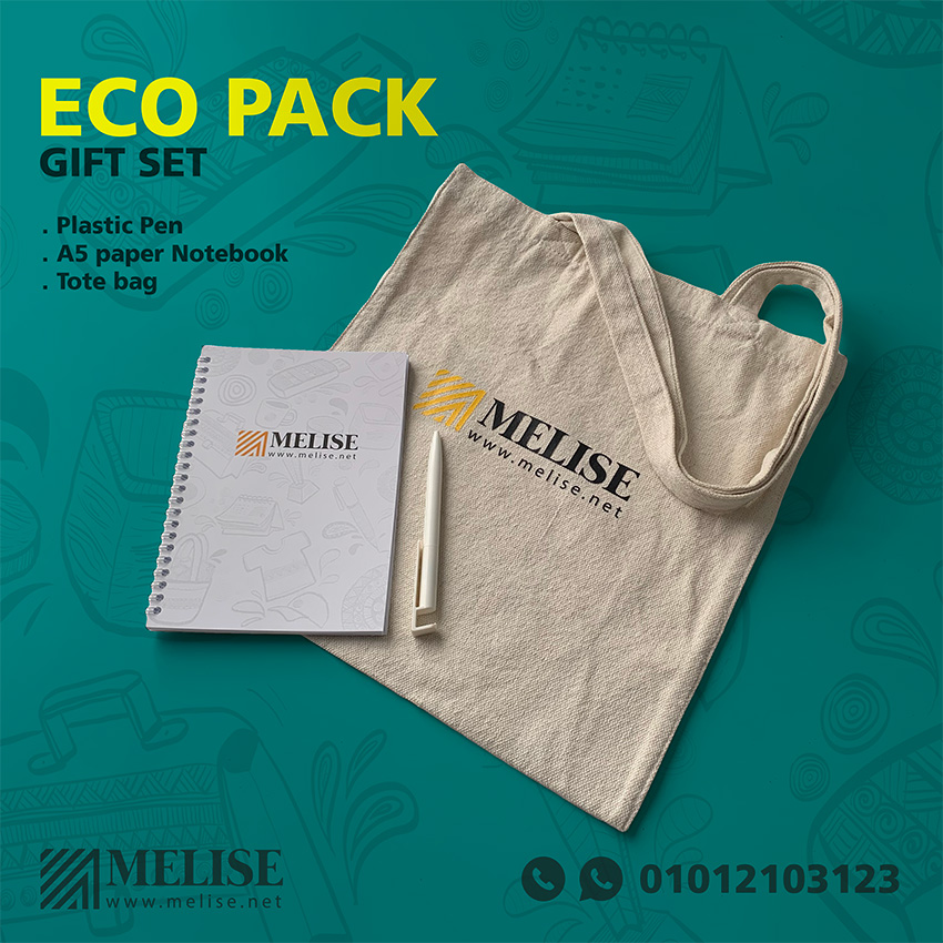Melise VIP gift set with A5 notebook, plastic pen, and fabric tote bag printed logo for corporate use in Egypt
