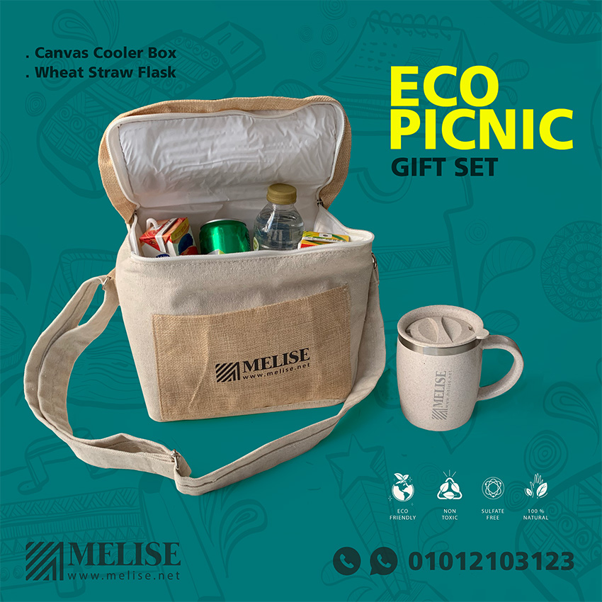 Melise canvas cooler box with wheat straw thermal flask, eco-friendly summer gift for corporate use in Egypt