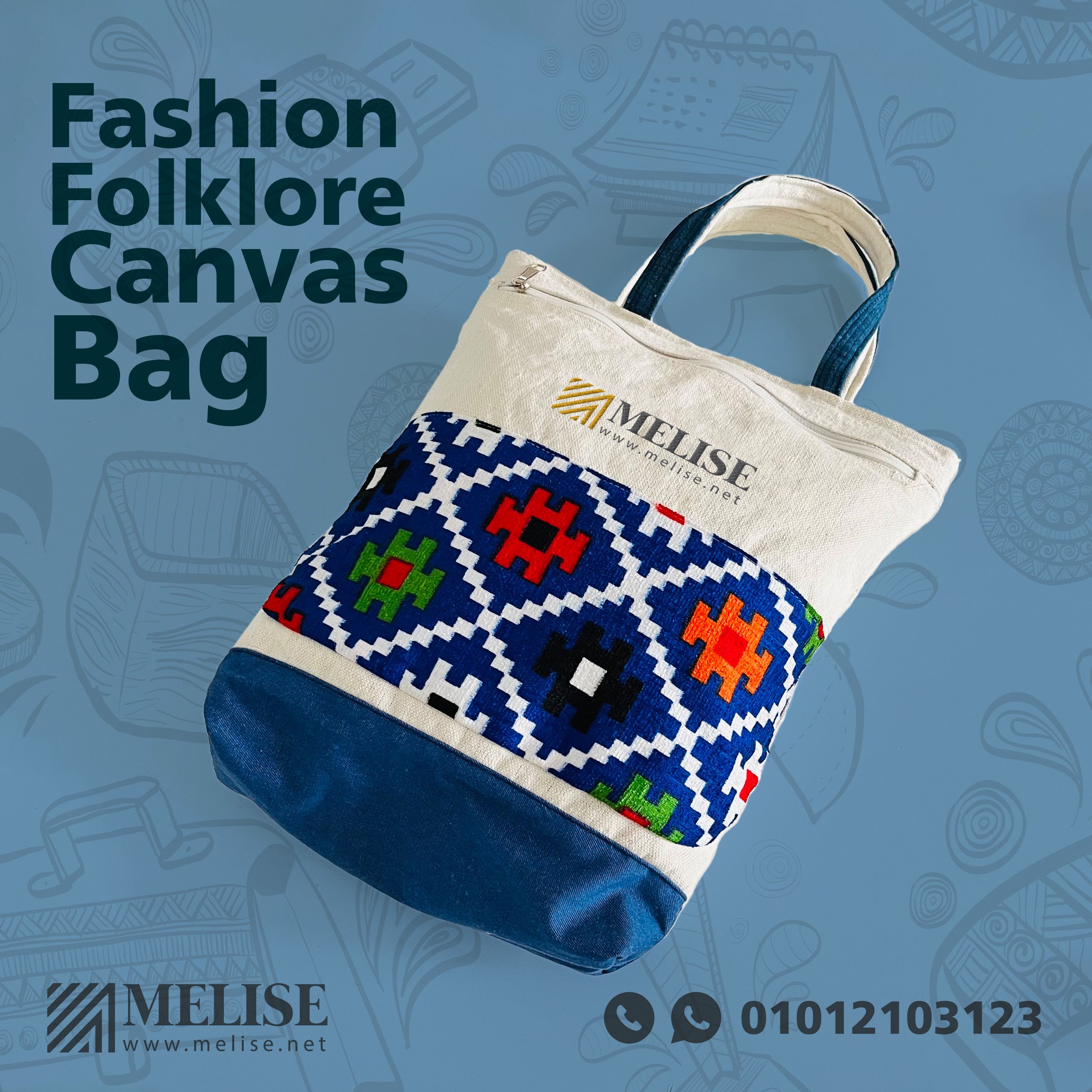 Eco Friendly Fashion Folklore Canvas Bag by Melise Giveaways Egypt, shoulder bag with zipper, 100% Egyptian cotton canvas, colorful folklore style, customizable with one-color print, unique sustainable corporate gift in Egypt.