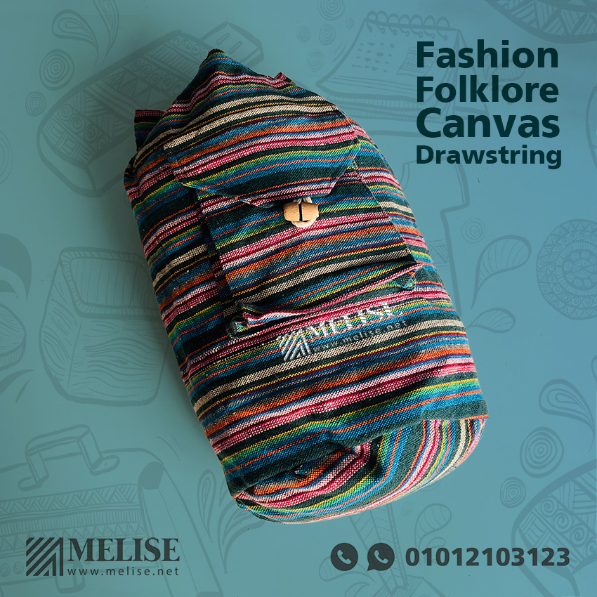 Eco Friendly Fashion Folklore Canvas Drawstring Bag by Melise Giveaways Egypt, with pockets, 100% Egyptian cotton canvas, colorful folklore style, customizable with embroidered logo, ideal for sustainable promotional events and unique gifts in Egypt.