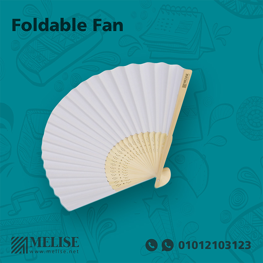 Image of Foldable Fan by Melise Giveaways Egypt. White Paper Foldable Hand Fan with wooden hand - printed logo. Customizable with Printed Logo. Ideal for corporate gifts, promotional giveaways, and branding in Egypt.