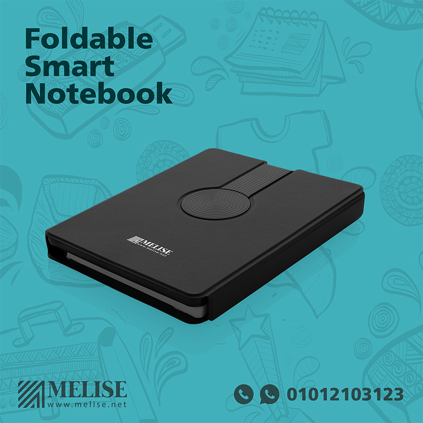 Image of Foldable Premium Smart Notebook with Multi functional and useful Design by Melise Giveaways Egypt. Stay organized and tech-ready with our Foldable Premium Smart Notebook. Features USB Flash Memory, Wireless Charging, Power Bank 10000 mAh, Lighting Logo, Mobile Holder, Card Holder. Customizable with Printed or Engraved logo. Ideal for corporate gifts, promotional giveaways, and branding in Egypt.