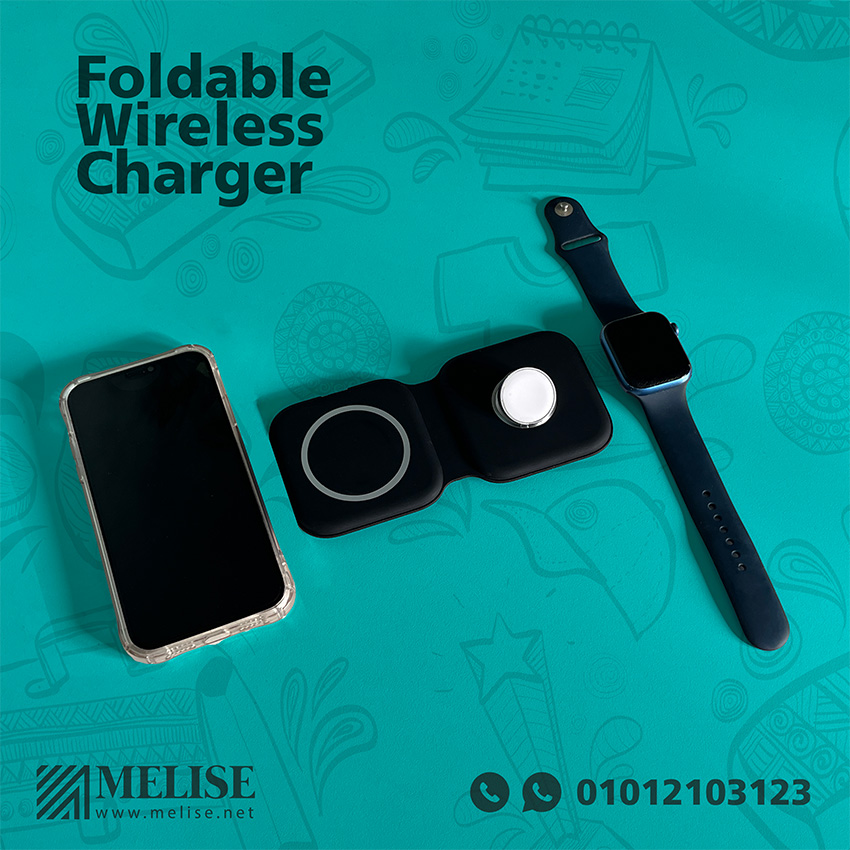Foldable 2 in 1 Wireless Charger from Melise – a premium fast-charging station made of rubber and magnetic material, ideal for phones, smartwatches, and AirPods. Giveaways Egypt exclusive.