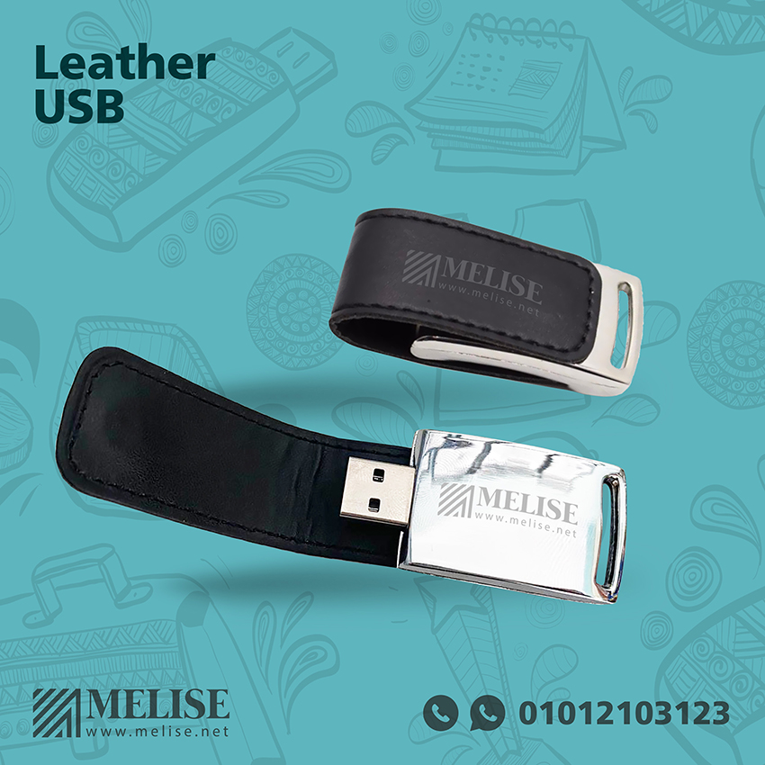 Premium Leather USB Drive with engraved or printed logo – corporate giveaway by Melise Egypt featuring luxury design, ideal for executive branding.