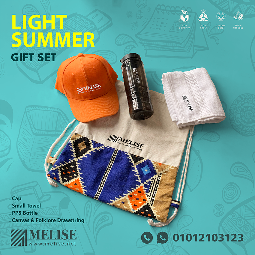 Melise Light Summer Offer VIP gift set with towel, cap, PP5 bottle, and canvas folklore drawstring bag