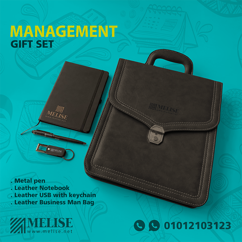 Melise leather business man bag VIP gift set with notebook, USB keychain, and metal pen for corporate use