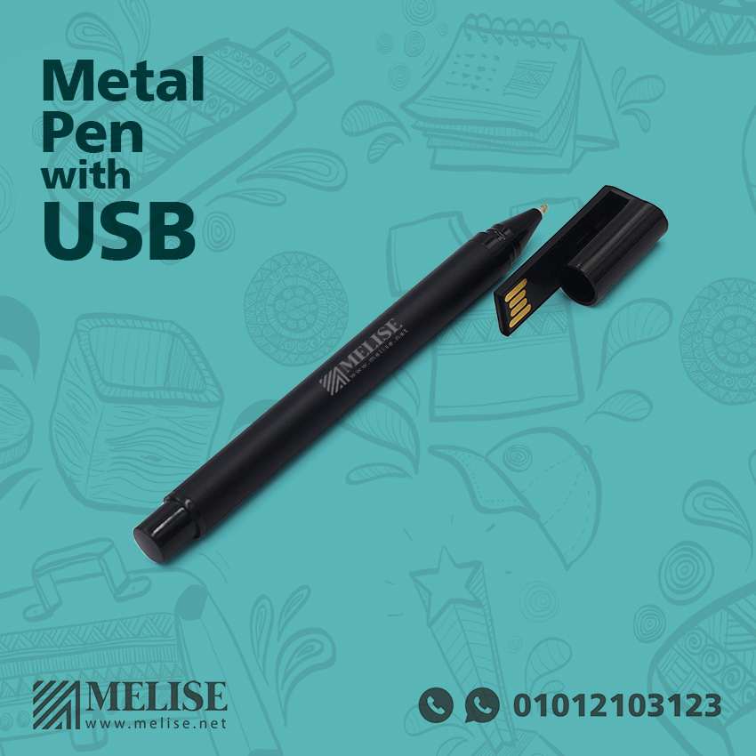 Sleek metal pen with built-in USB – engraved corporate giveaway by Melise Egypt.