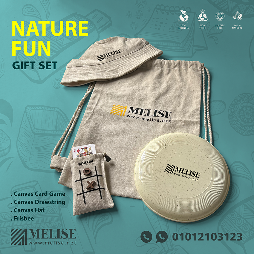 Image of Natural Fun by Melise Giveaways Egypt. Summer and Sustainable Funny Offer include ( Canvas Hat - Canvas Cards Game - Cards Game - Wheat Straw Frisbee - Canvas drawstring ) - Printed Logo Customizable with Printed Logo. An eco-friendly and sustainable choice. Ideal for corporate gifts, promotional giveaways, and branding in Egypt.