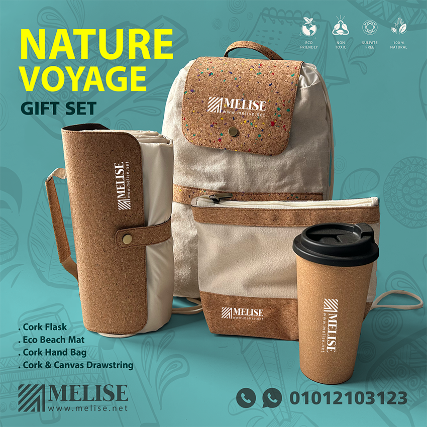 Image of Natural Voyage by Melise Giveaways Egypt. Summer and Sustainable Offer include ( Canvas Beach Mat - Canvas and Cork drawstring - Cork Flask - Canvas and Cork Hand Bag ) - Printed Logo Customizable with Printed Logo. An eco-friendly and sustainable choice. Ideal for corporate gifts, promotional giveaways, and branding in Egypt.