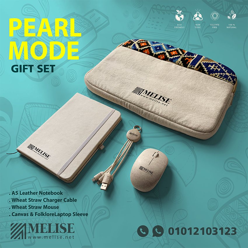 Melise Pearl Mode VIP Gift Set with canvas laptop sleeve, leather notebook, wheat straw charger cable and mouse, eco-friendly corporate gift in Egypt