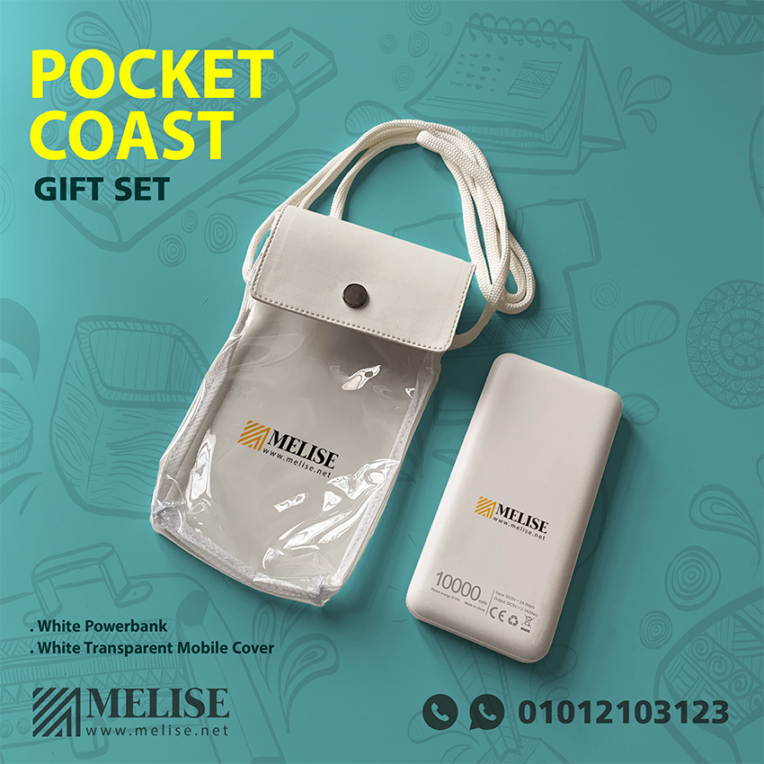 Melise compact 10,000 mAh white powerbank with transparent crossbody phone pouch, ideal for corporate use and beach festivals in Egypt