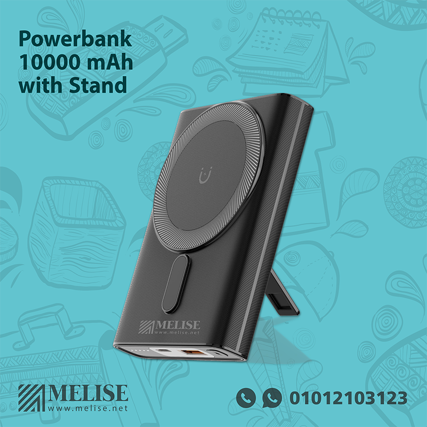 Melise black rubber MagSafe wireless 10000mAh powerbank with stand and engraved logo