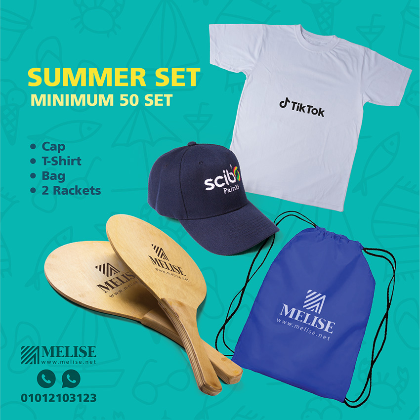 Melise VIP Gift Set with embroidered cap, printed T-shirt, waterproof bag, and wooden racket for corporate use in Egypt