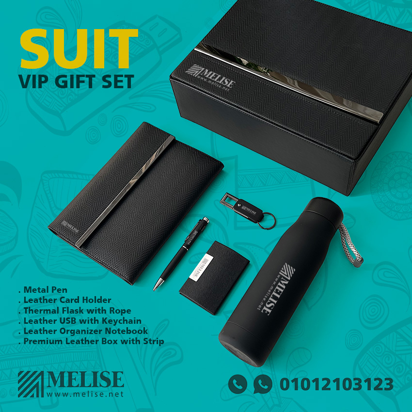 Melise premium VIP gift set with leather notebook, metal pen, card holder, USB, and thermal flask, ideal for corporate giveaways in Egypt