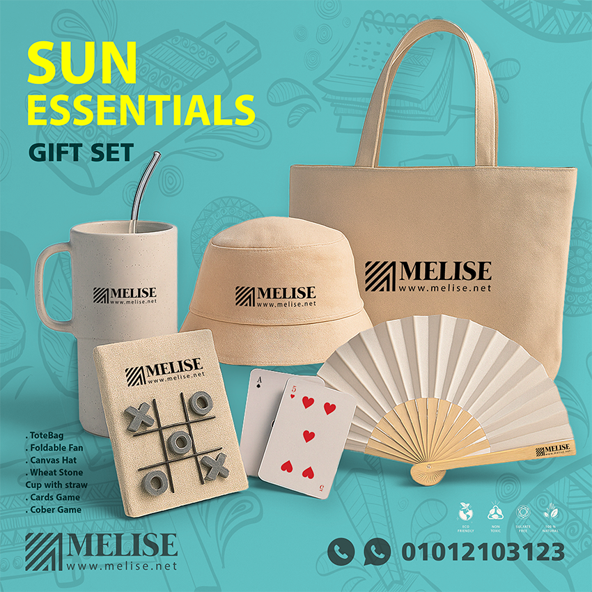 Image of Sun Essentials by Melise Giveaways Egypt. Eco Friendly and summer Offer include ( Wheat stone Cup with straw - Foldable Fan - Canvas Hat - Canvas Totebag - Canvas Cards Game - Cards Game ) Customizable with Printed Logo. An eco-friendly and sustainable choice. Ideal for corporate gifts, promotional giveaways, and branding in Egypt.