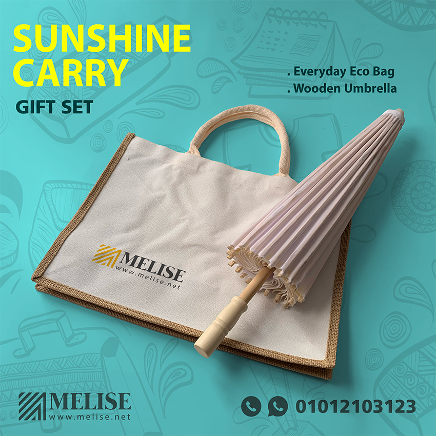Melise eco-friendly VIP gift set with natural eco-bag and wooden umbrella for sunny outdoor use