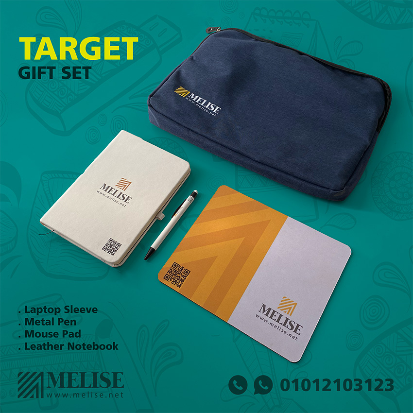 Melise VIP gift set with fabric laptop sleeve, leather notebook, metal pen, and rubber mouse pad for corporate use in Egypt