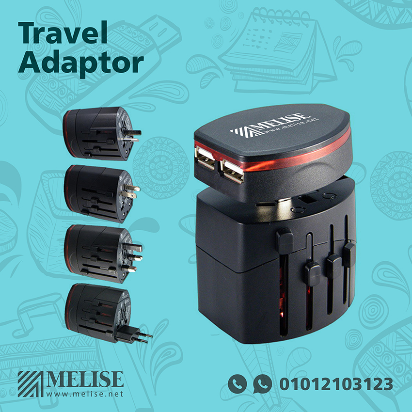 Travel Adaptor by Melise Giveaways Egypt, with 4 international plug adapters and 2 USB plugs, customizable with printed logo, ideal for international business gifts, travel promotions, or tech giveaways in Egypt.
