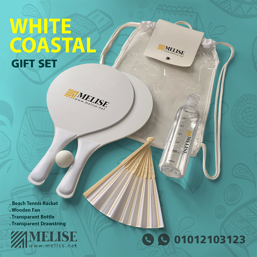 Melise summer VIP gift set with beach tennis, hand fan, water bottle, and transparent drawstring bag