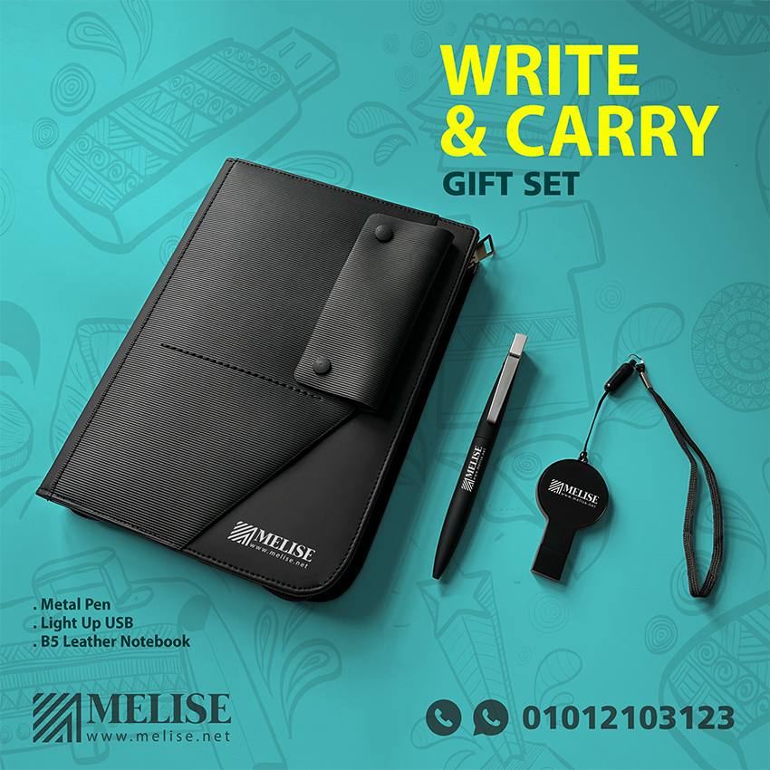 Melise VIP Gift Set with engraved B5 notebook, metal pen, and light-up USB for corporate branding in Egypt