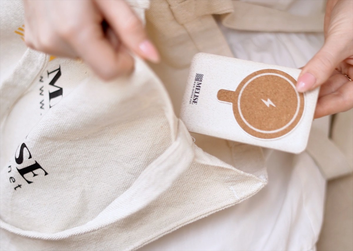 Melise eco-friendly VIP gift set with cork tote bag, bamboo notebook, wheat straw pen, wireless powerbank, and charger cable