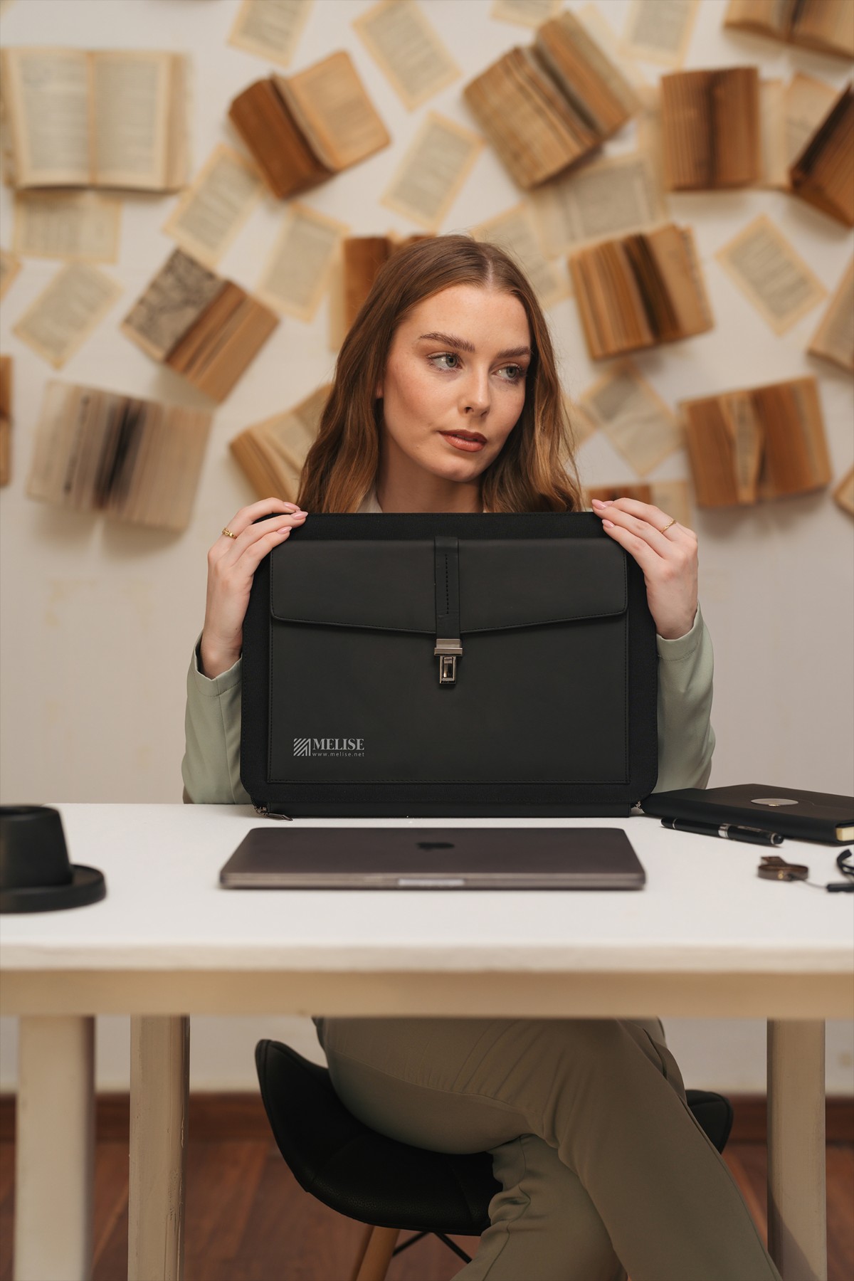Melise premium leather laptop sleeve with metal lock and light-up USB, including metal pen for corporate use