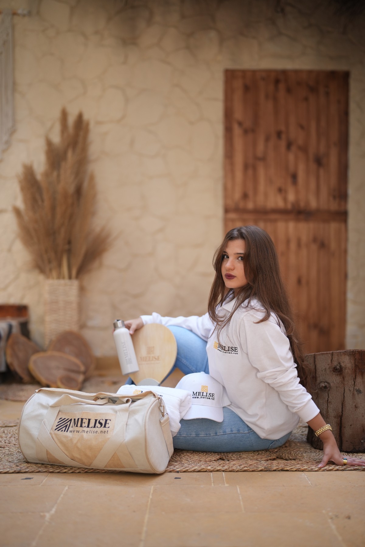 Melise canvas sportive bag set with towel, cap, and white thermal flask for corporate use
