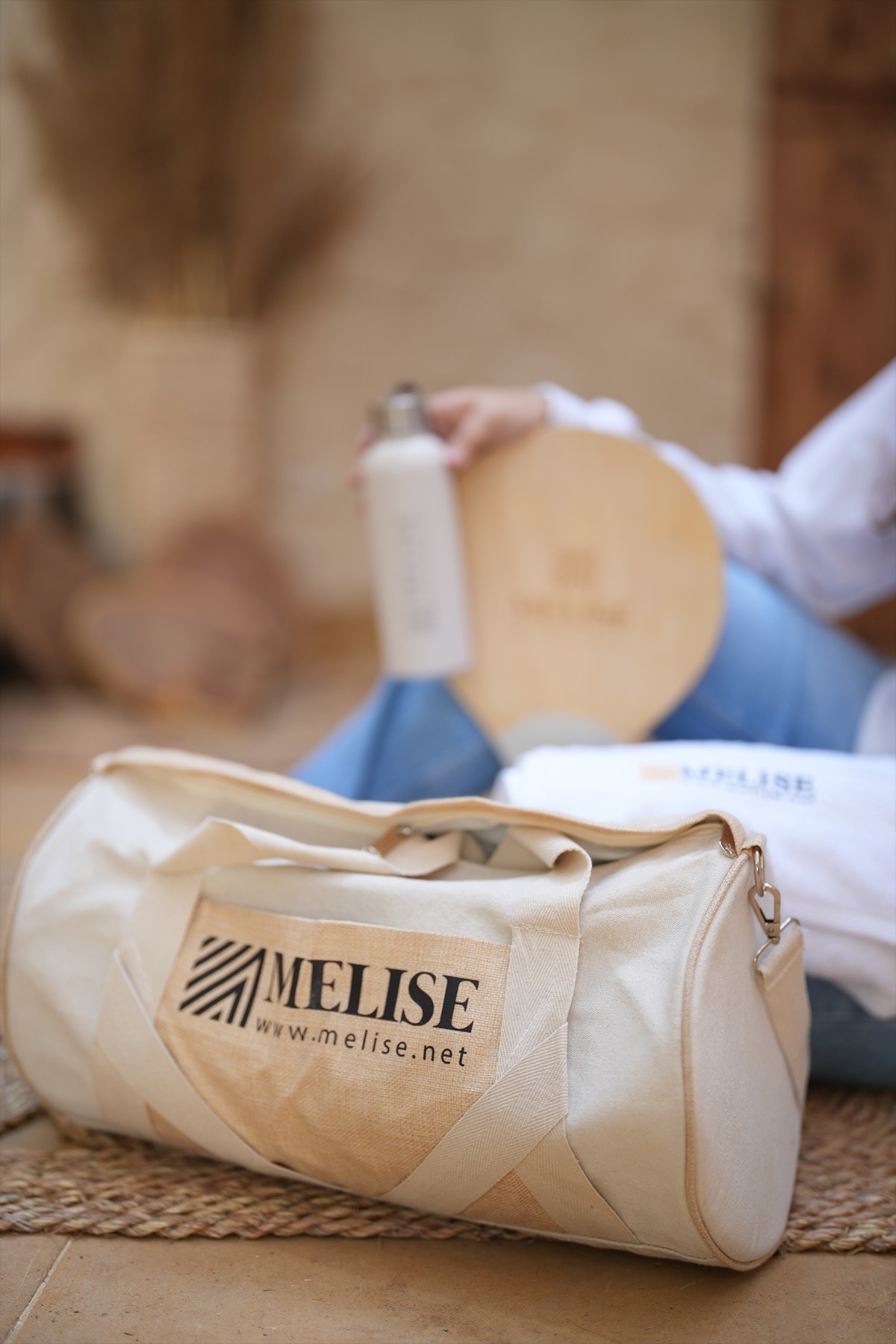 Melise canvas sportive bag set with towel, cap, and white thermal flask for corporate use