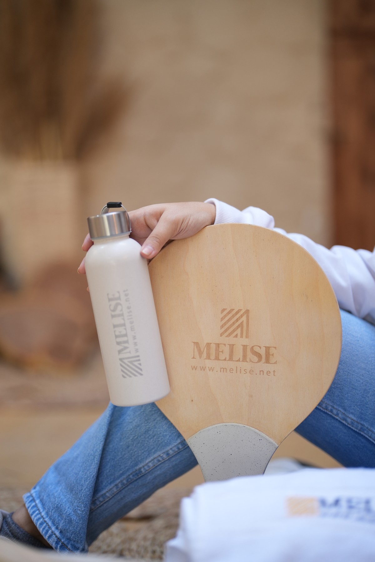 Melise canvas sportive bag set with towel, cap, and white thermal flask for corporate use