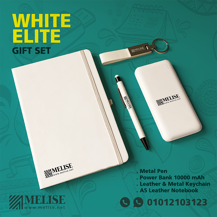 Melise white VIP gift set with 10000mAh powerbank, A5 leather notebook, metal pen, and leather keychain