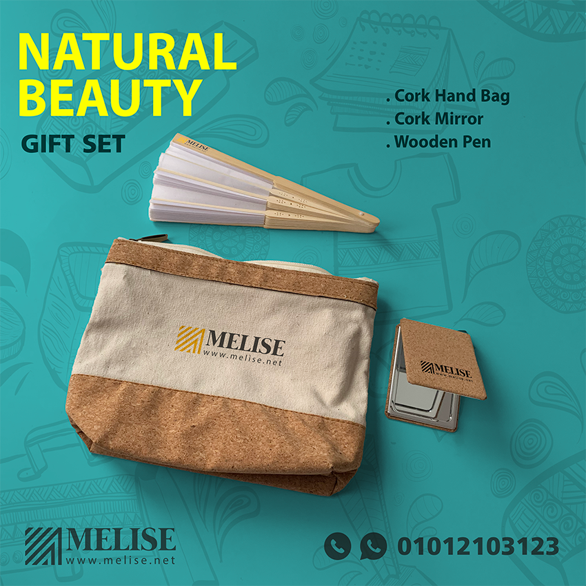 Image of Canvas & Cork Hand Bag by Melise Giveaways Egypt. Mini Pouch made of the mixture two materials Cork and Canvas with zipper Size 22*24 cm - Printed Logo Customizable with Printed Logo. An eco-friendly and sustainable choice. Ideal for corporate gifts, promotional giveaways, and branding in Egypt.