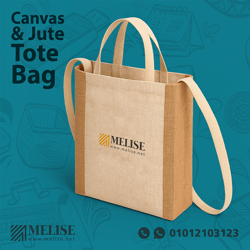 Canvas and jute tote bag with natural texture, full-color print, short handles and long strap for versatile daily use