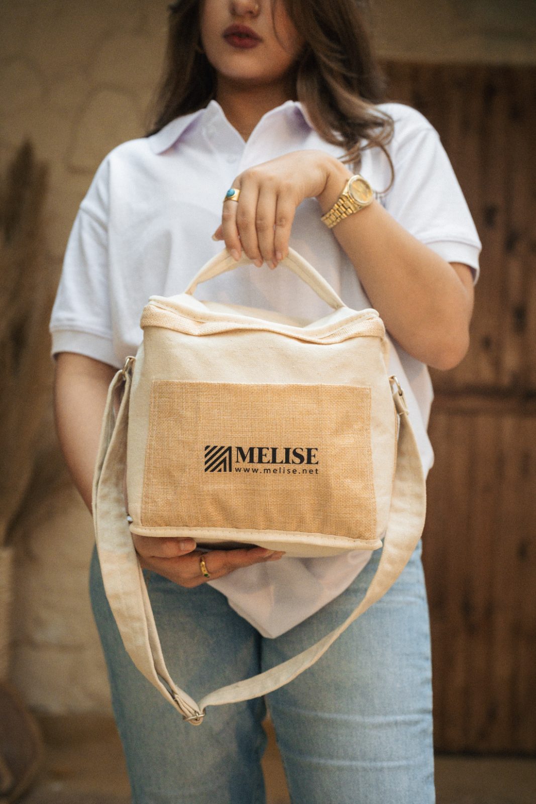 Image of Canvas Cooler Bag by Melise Giveaways Egypt. This Eco-friendly Canvas and Cane Travel Cooler Bag, designed with pockets for easy storage, Ideal for summer picnics or beach outings - Printed Logo. Customizable with Printed Logo. Ideal for corporate gifts, promotional giveaways, and branding in Egypt.
