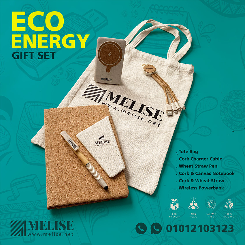 Melise eco-friendly VIP gift set with cork tote bag, bamboo notebook, wheat straw pen, wireless powerbank, and charger cable