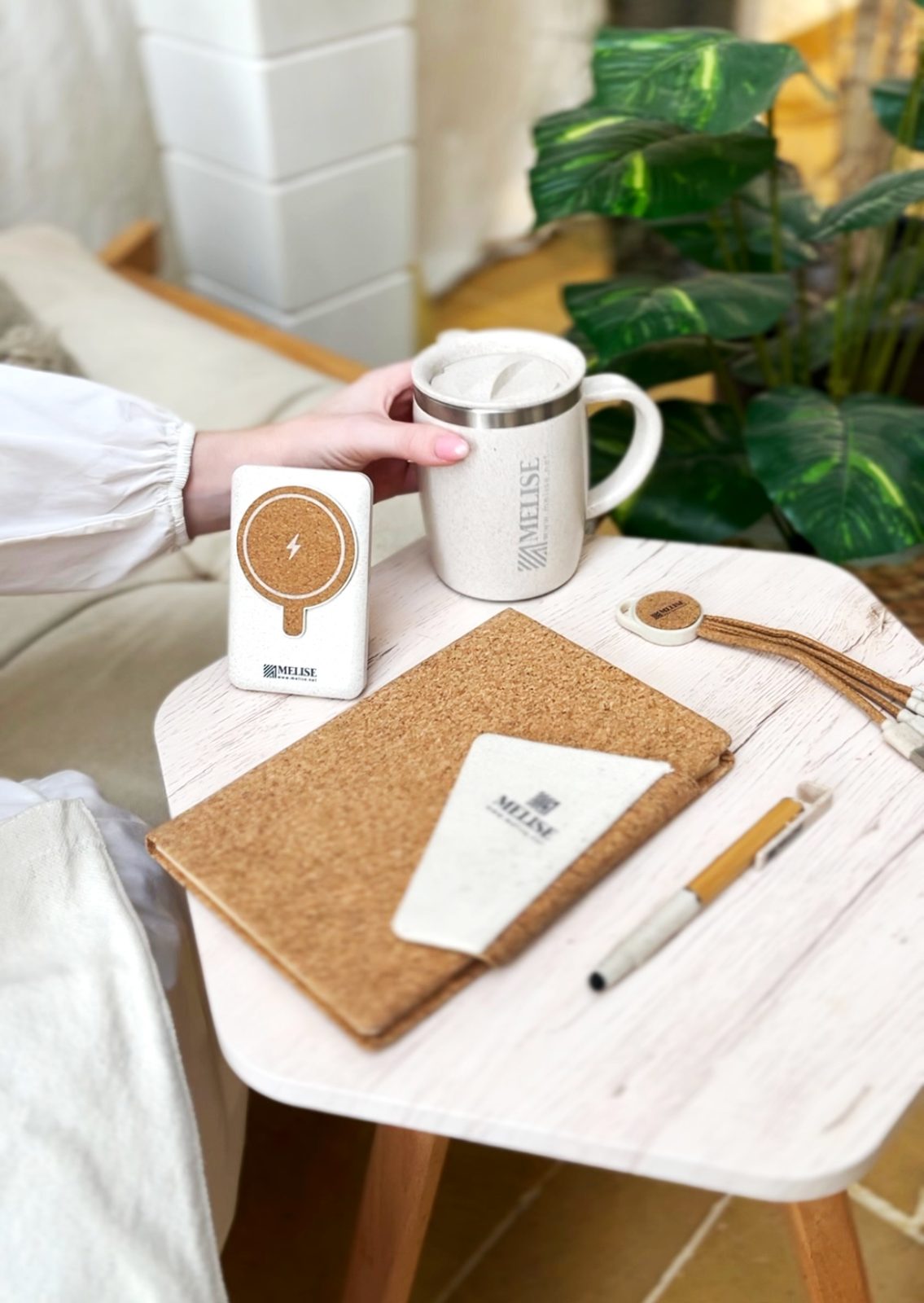Image of Eco Friendly Magnetic Wireless Power bank Made by sustainable and natural Material Wheat Straw & Cork by Melise Giveaways Egypt. Power up sustainably with our Eco-Friendly Magnetic Wireless Power Bank. Unique design, made from wheat straw and cork. Customizable with Engraved or Printed logo. An eco-friendly and sustainable choice. Ideal for corporate gifts, promotional giveaways, and branding in Egypt.