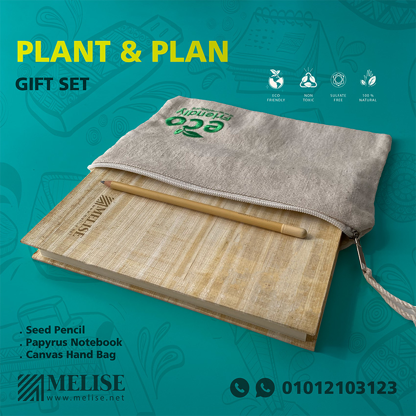 Melise eco-friendly VIP gift set with papyrus notebook, seed pencil, and canvas hand bag