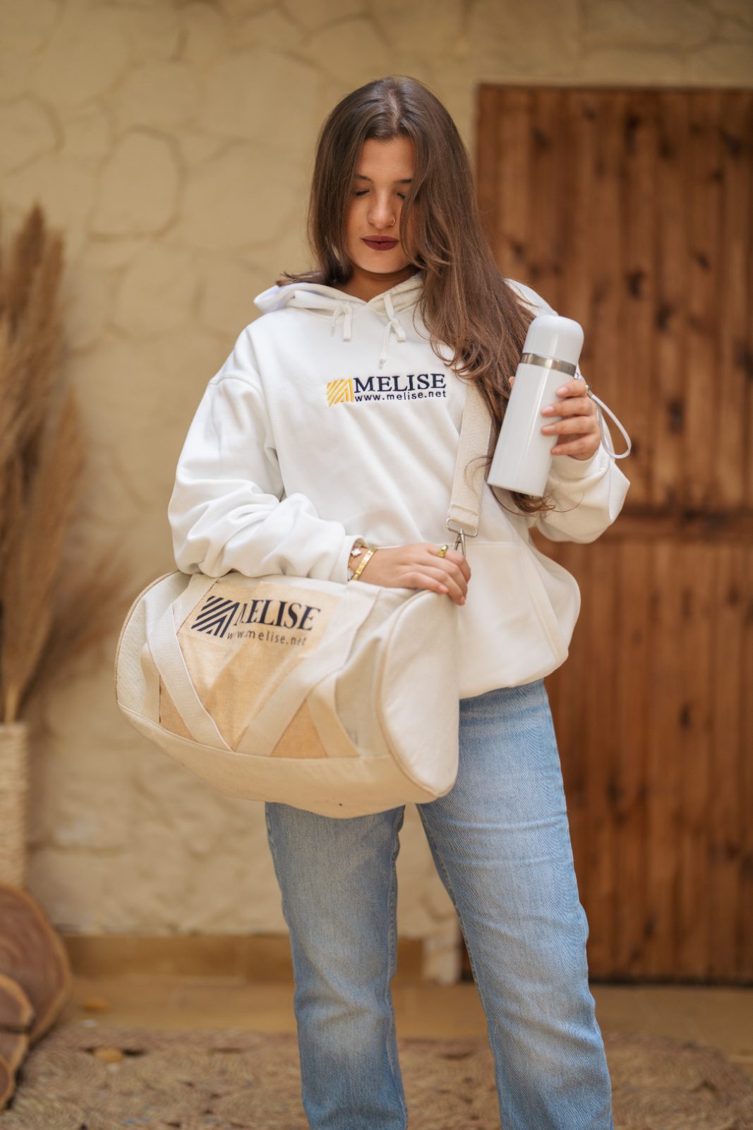 Melise canvas sportive bag set with towel, cap, and white thermal flask for corporate use