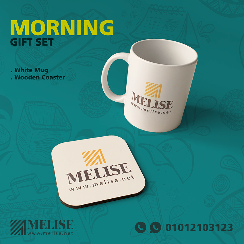 Morning Offer | Melise VIP Gift Set: White Mug & Wooden Coaster with Logo