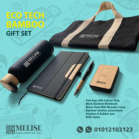 Eco Tech Bamboo Gift Set with canvas tote, bamboo notebook, wooden flask, wireless powerbank, and bamboo stylus pen, customizable with logo