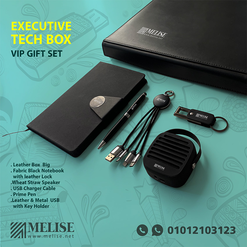 Executive Tech Box Vip Gift Set with leather box, black fabric notebook, wheat-straw speaker, multi-port USB cable, metal pen, and leather USB key holder