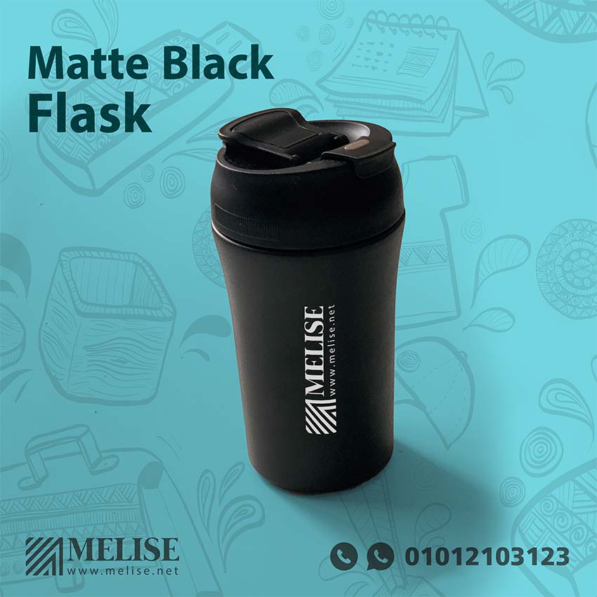 Matte Black Flask with inner straw and customizable print logo for corporate gifts in Egypt